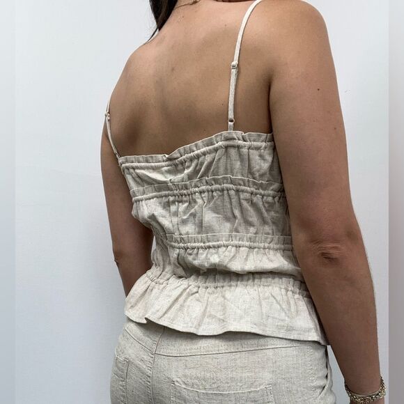 H&M Beige Linen Blend 2 Piece Pant Set Ruche Tie Front Top Wide Leg Size XS/S - Picture 6 of 15
